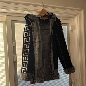 Black and Gray Hooded Jacket with Greek Key Design